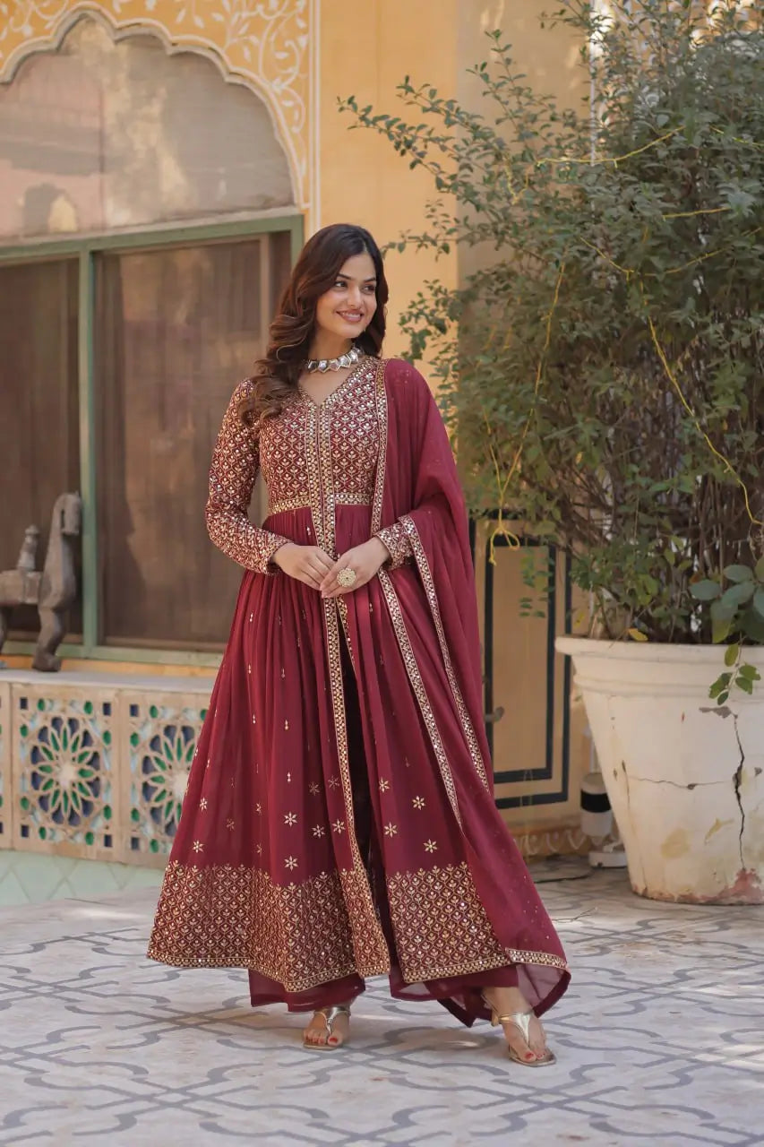 Solid Maroon Georgette Sequins Embroidery Work Front Cut Gown And Dupatta