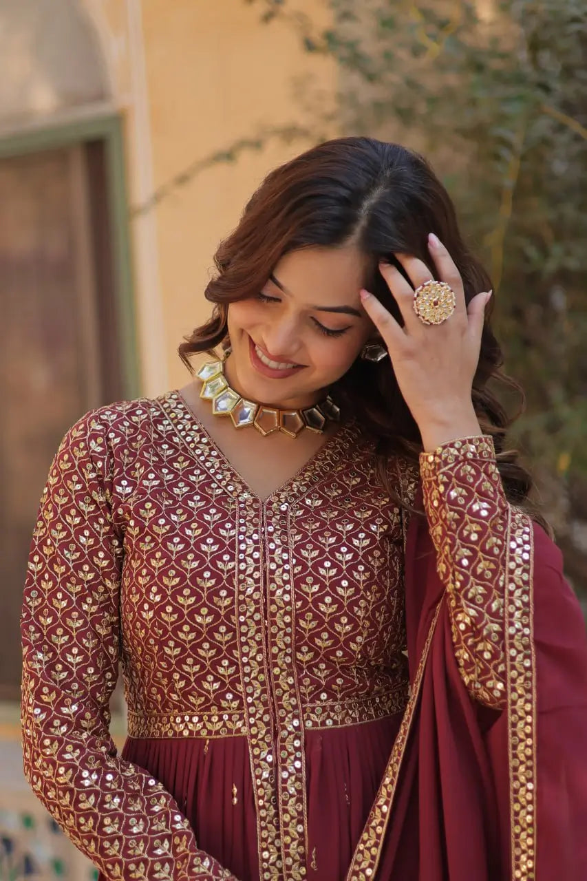 Solid Maroon Georgette Sequins Embroidery Work Front Cut Gown And Dupatta