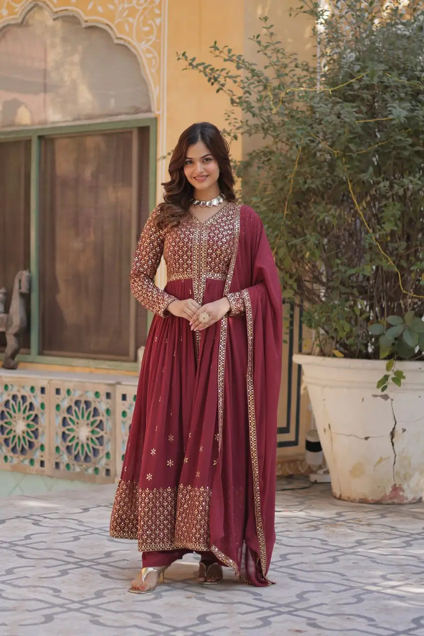 Solid Maroon Georgette Sequins Embroidery Work Front Cut Gown And Dupatta