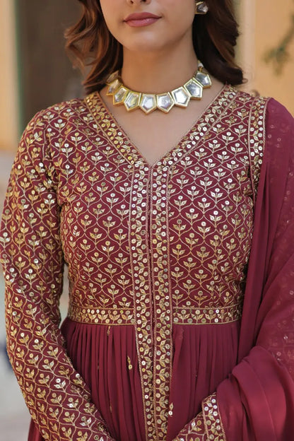 Solid Maroon Georgette Sequins Embroidery Work Front Cut Gown And Dupatta
