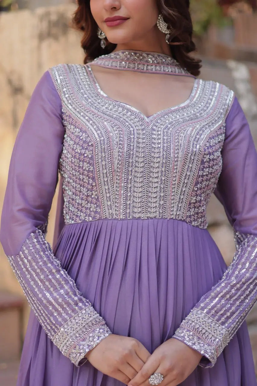 Lilac Purple Georgette Embroidery Beads Sequins Work Gown With Dupatta