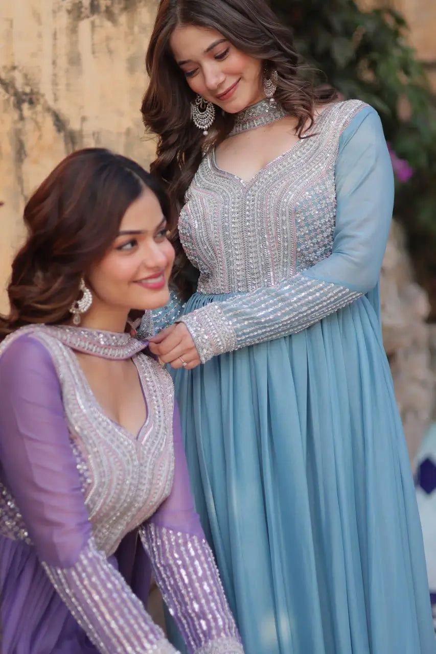 Sky Blue Georgette Embroidery Beads Sequins Work Gown With Dupatta