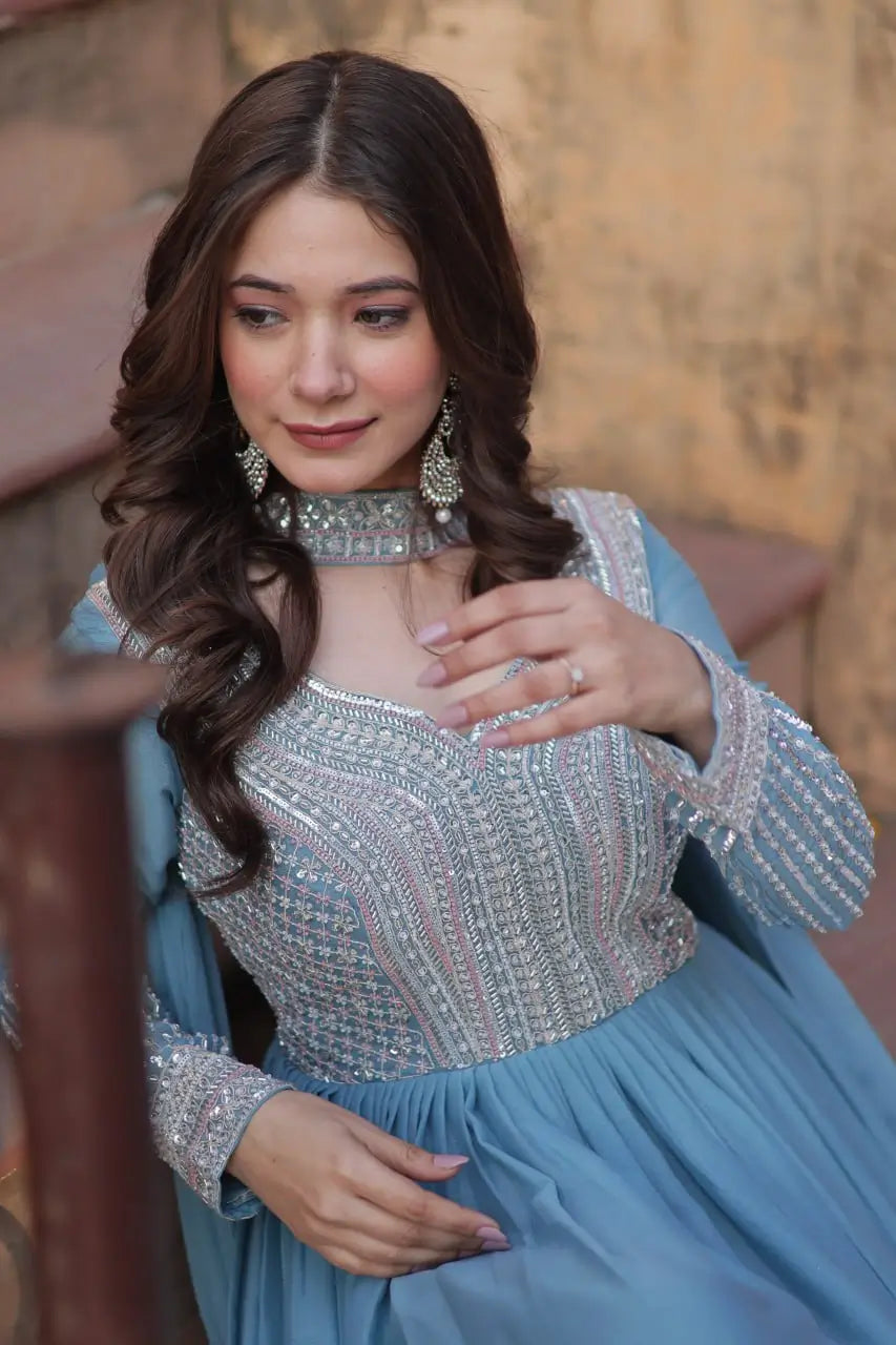 Sky Blue Georgette Embroidery Beads Sequins Work Gown With Dupatta