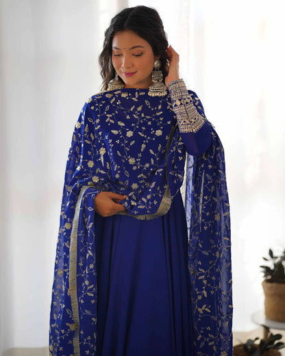 Royal Blue Designer Georgette Gown With Heavy Embroidery Work Dupatta