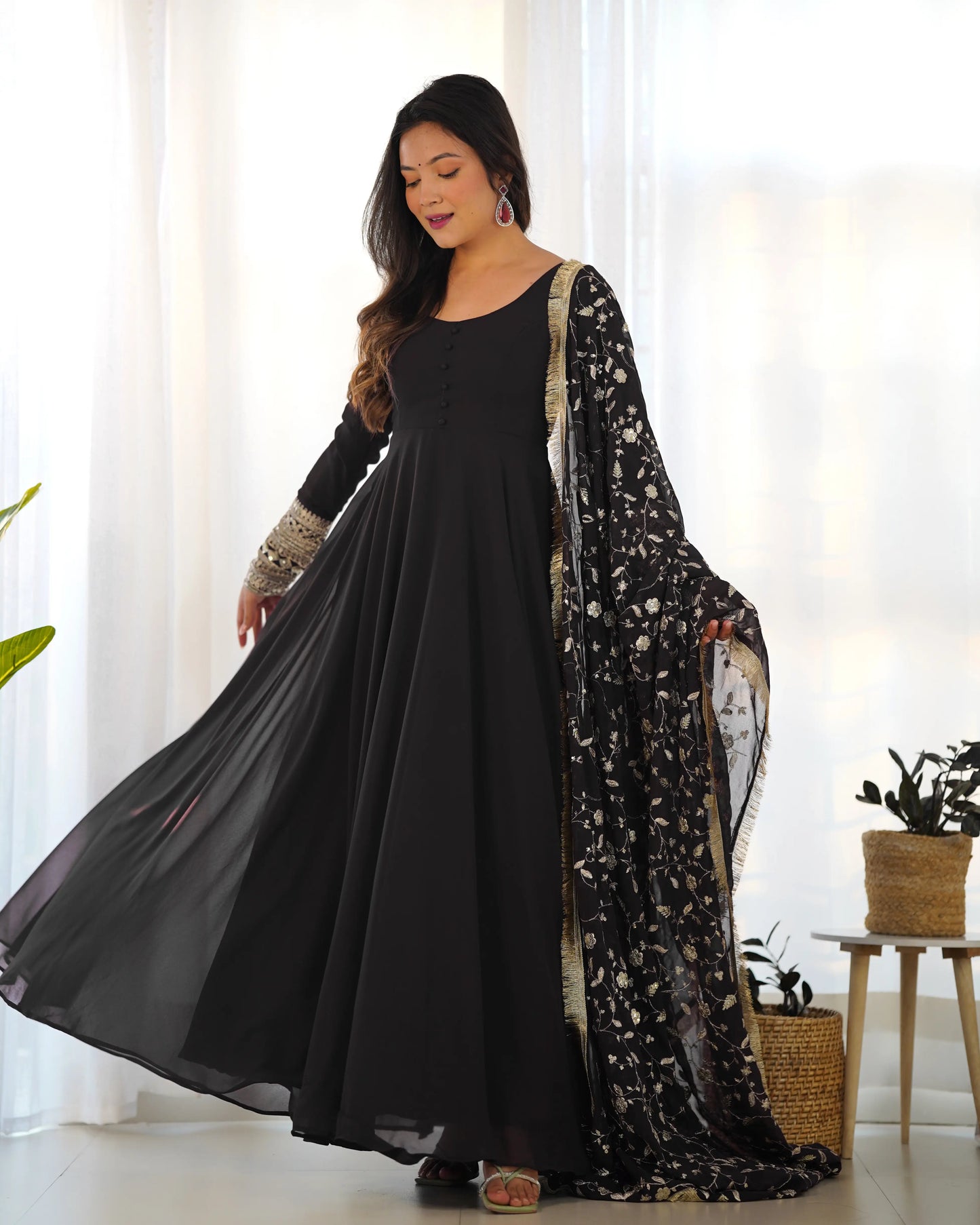 Black Designer Georgette Gown With Heavy Embroidery Work Dupatta