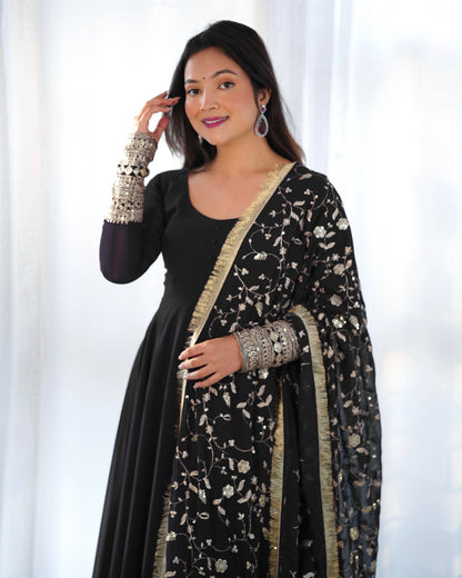 Black Designer Georgette Gown With Heavy Embroidery Work Dupatta
