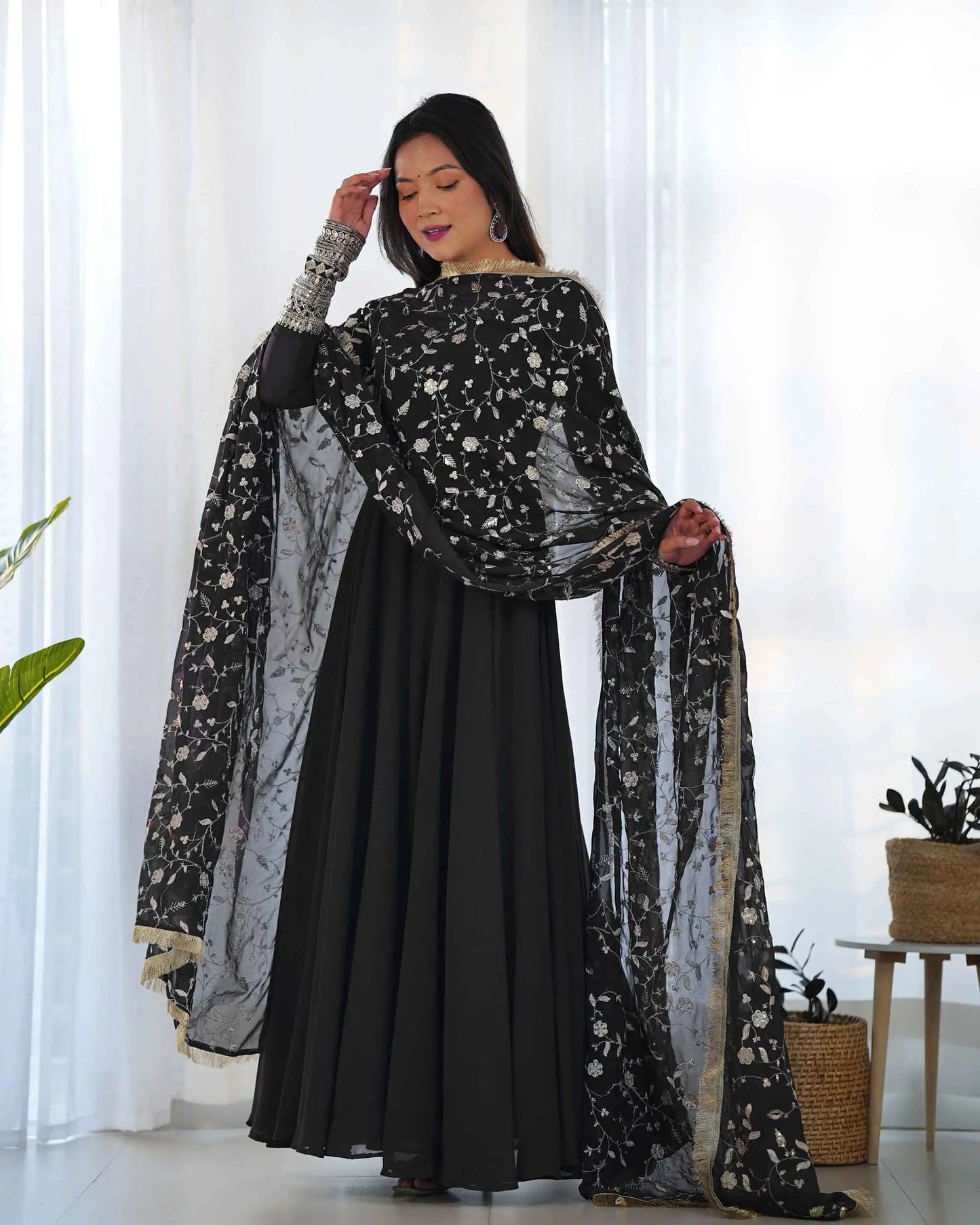 Black Designer Georgette Gown With Heavy Embroidery Work Dupatta