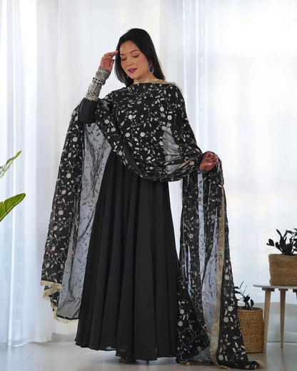 Black Designer Georgette Gown With Heavy Embroidery Work Dupatta