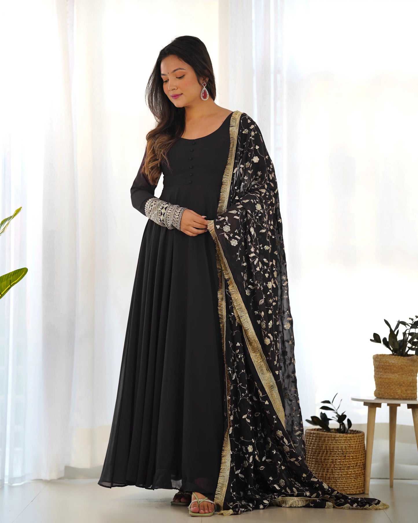 Black Designer Georgette Gown With Heavy Embroidery Work Dupatta