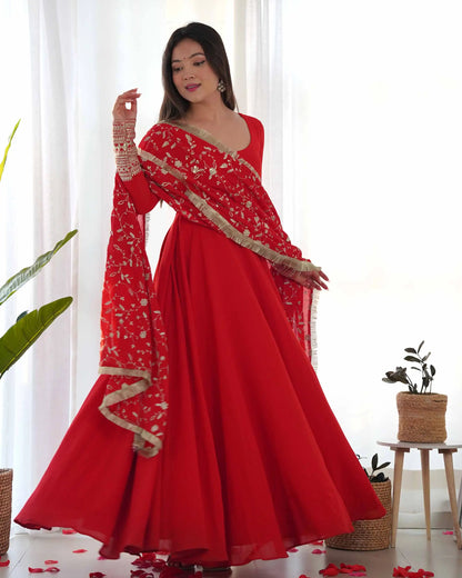 Cornell Red Designer Georgette Gown With Heavy Embroidery Work Dupatta