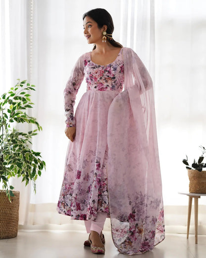 Light Peach Pink Floral Print Organza Gown