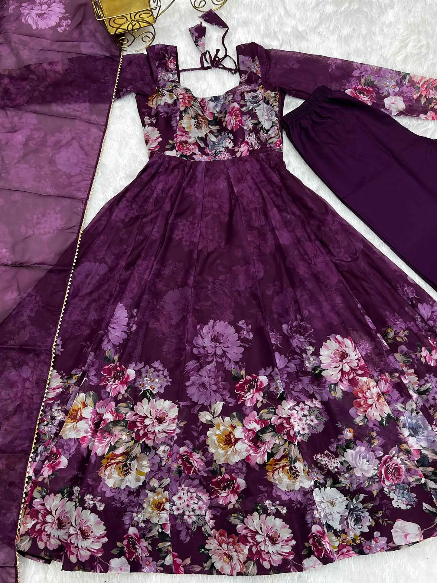 Wine Floral Print Organza Anarkali Gown With Dupatta