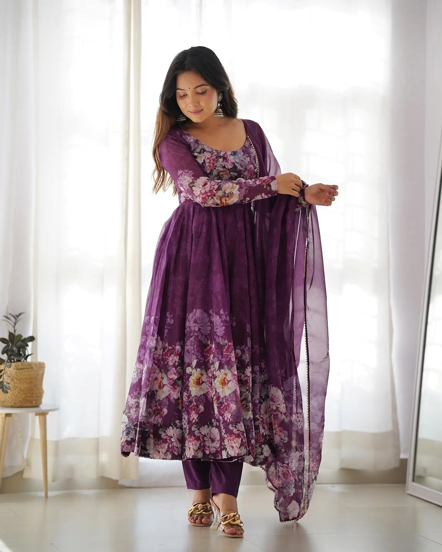 Wine Floral Print Organza Anarkali Gown With Dupatta
