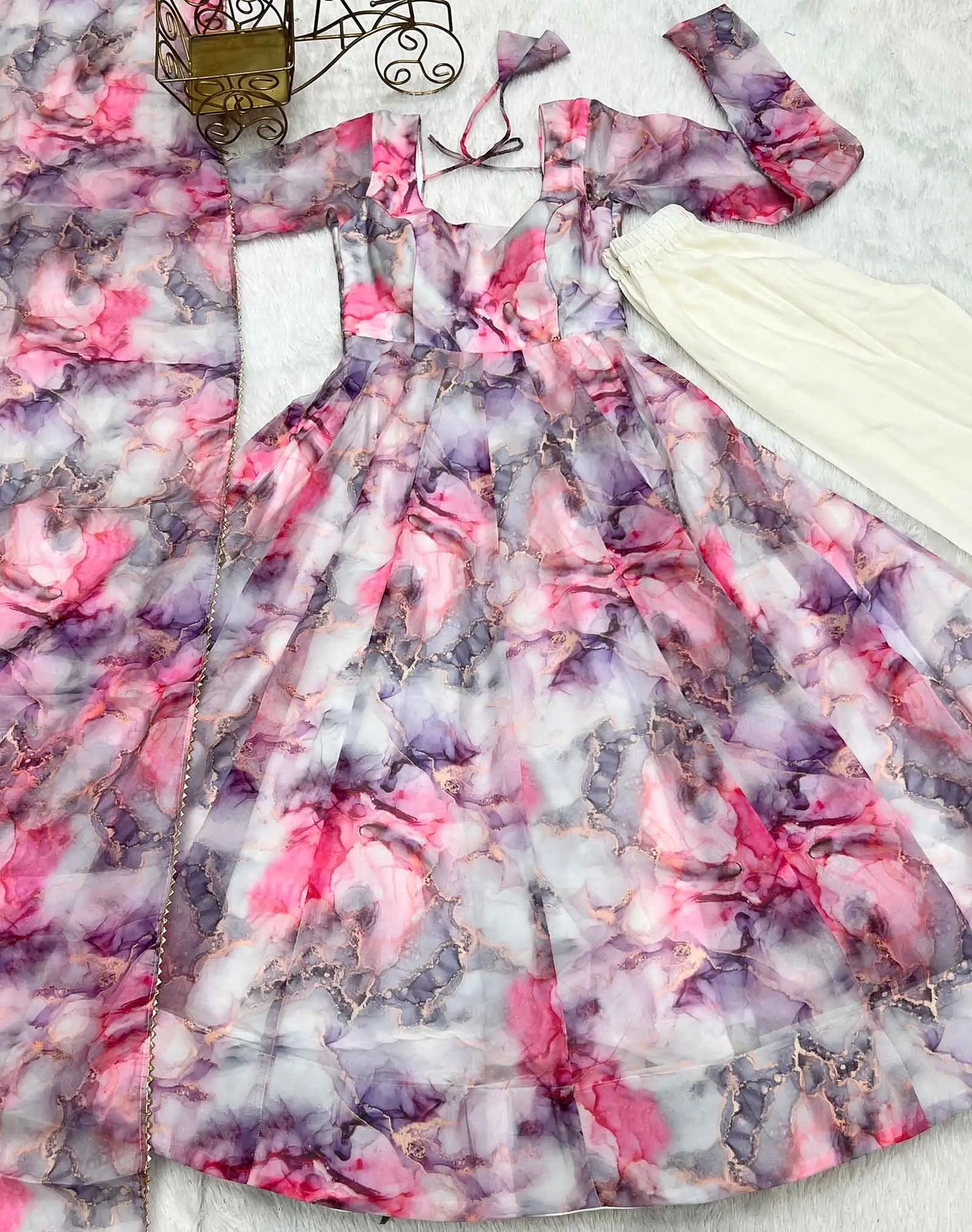 Off White Multi Color  Printed  Organza Anarkali Gown