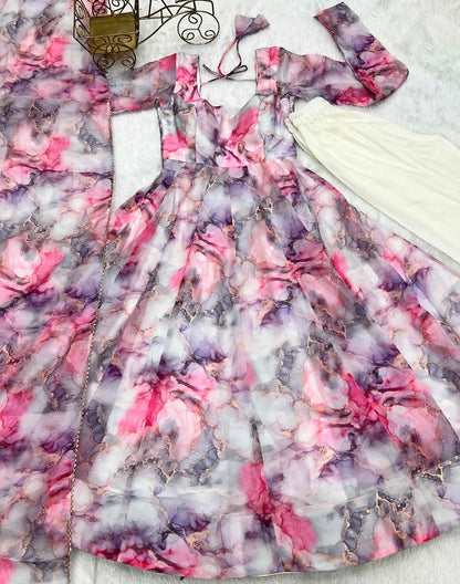 Off White Multi Color  Printed  Organza Anarkali Gown