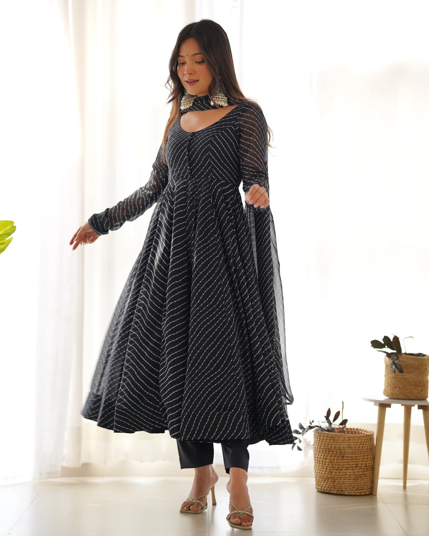 Met Black Laheriya Print Georgette Anarkali Gown With Dupatta
