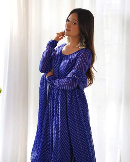 Royal Blue Laheriya Print Georgette Anarkali Gown With Dupatta