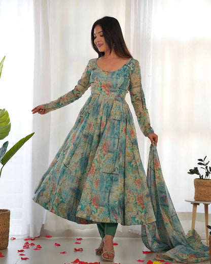 Multi Color Teal Blue  Floral Print Organza Gown