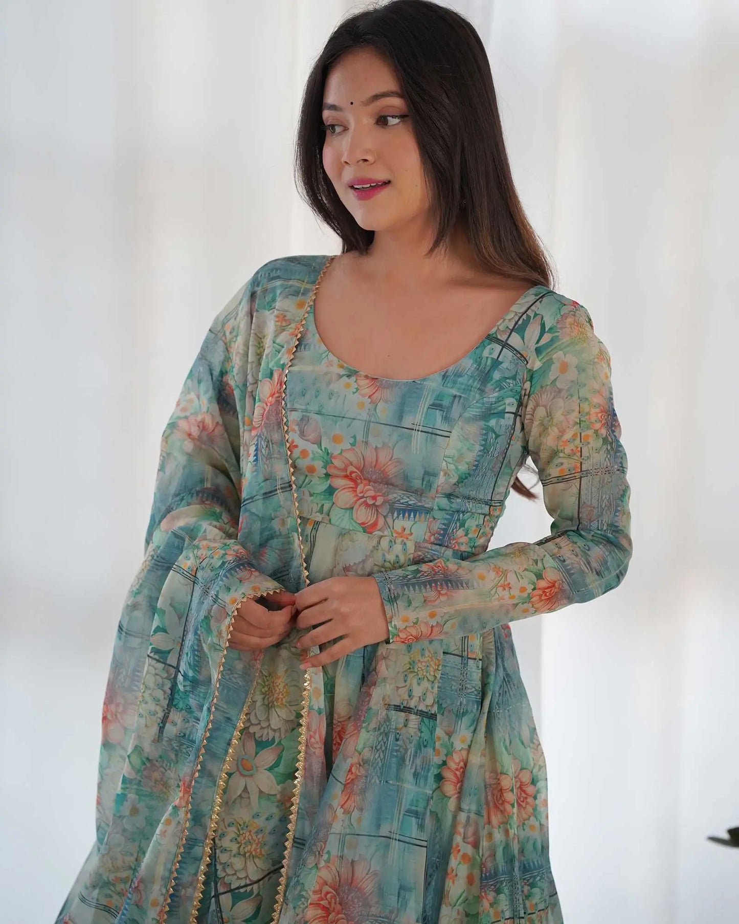 Multi Color Teal Blue  Floral Print Organza Gown