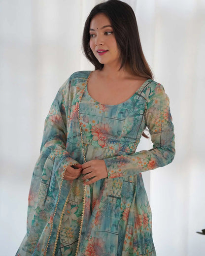 Multi Color Teal Blue  Floral Print Organza Gown