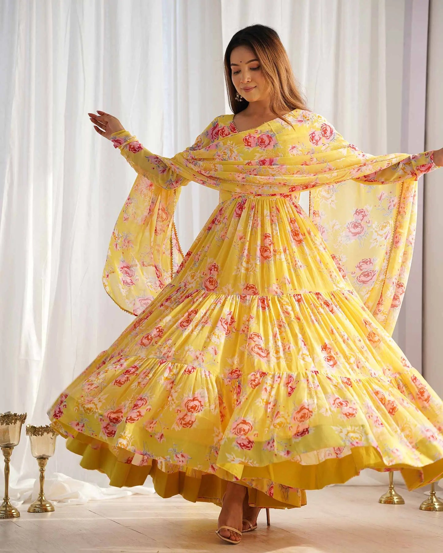 Yellow Georgette Floral Print Gown With Dupatta