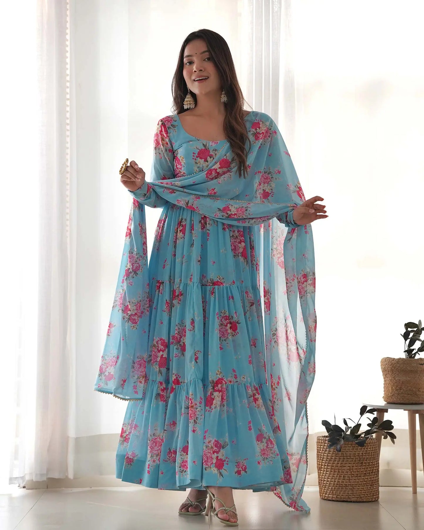 Sky Blue Georgette Floral Print Gown With Dupatta