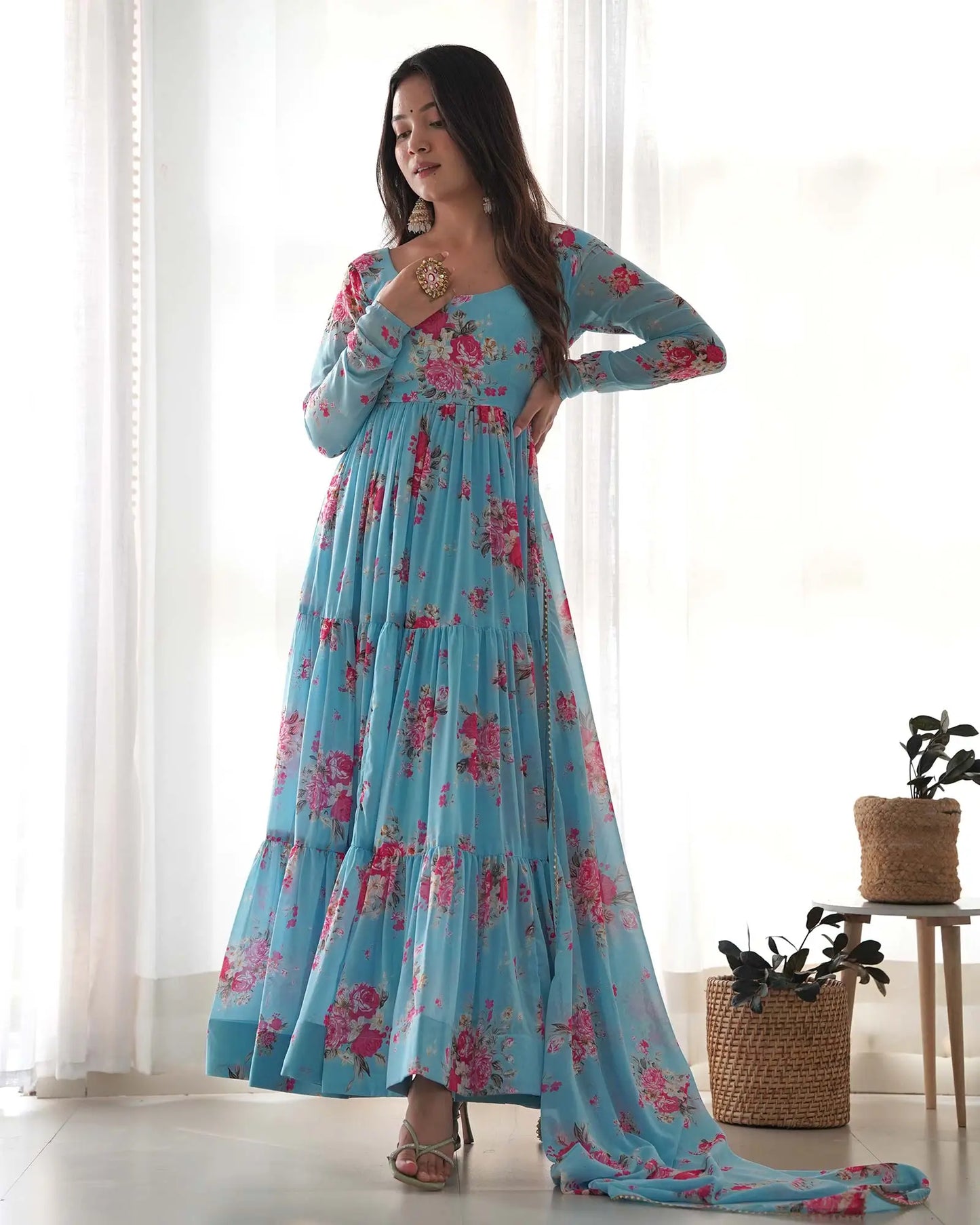 Sky Blue Georgette Floral Print Gown With Dupatta