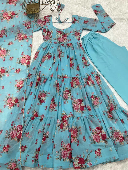 Sky Blue Georgette Floral Print Gown With Dupatta