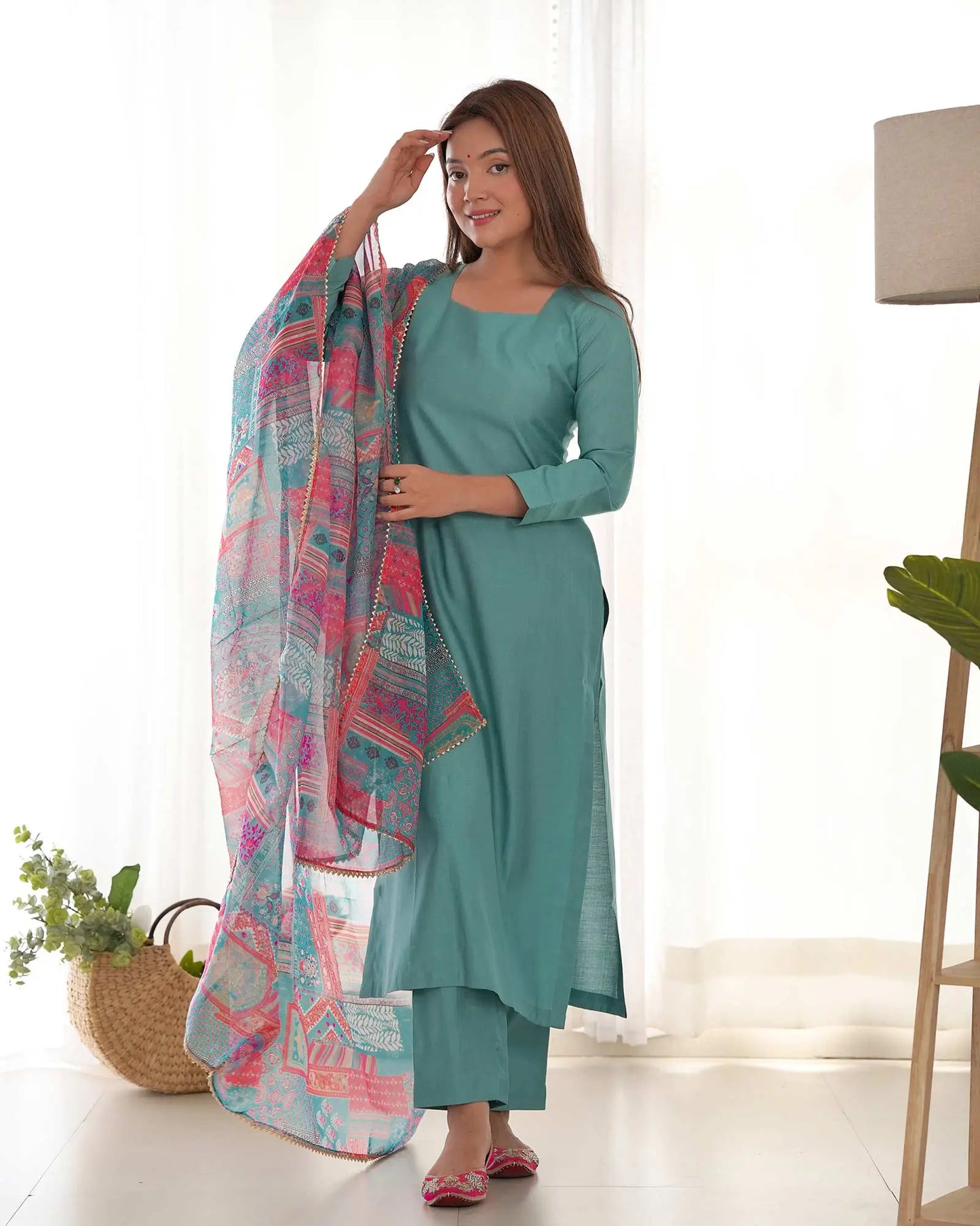 Beetle Blue Viscose Straight Salwar Suit With Multi Floral Print Dupatta
