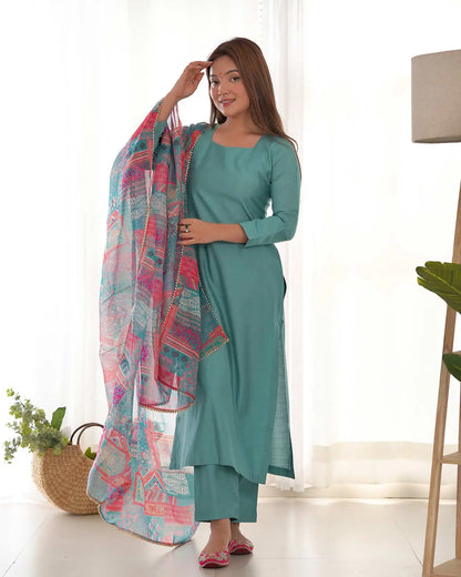 Beetle Blue Viscose Straight Salwar Suit With Multi Floral Print Dupatta