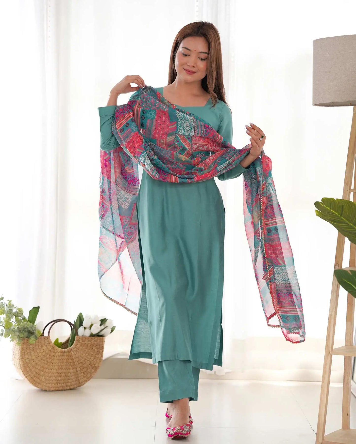 Beetle Blue Viscose Straight Salwar Suit With Multi Floral Print Dupatta