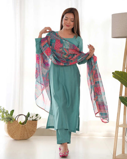 Beetle Blue Viscose Straight Salwar Suit With Multi Floral Print Dupatta