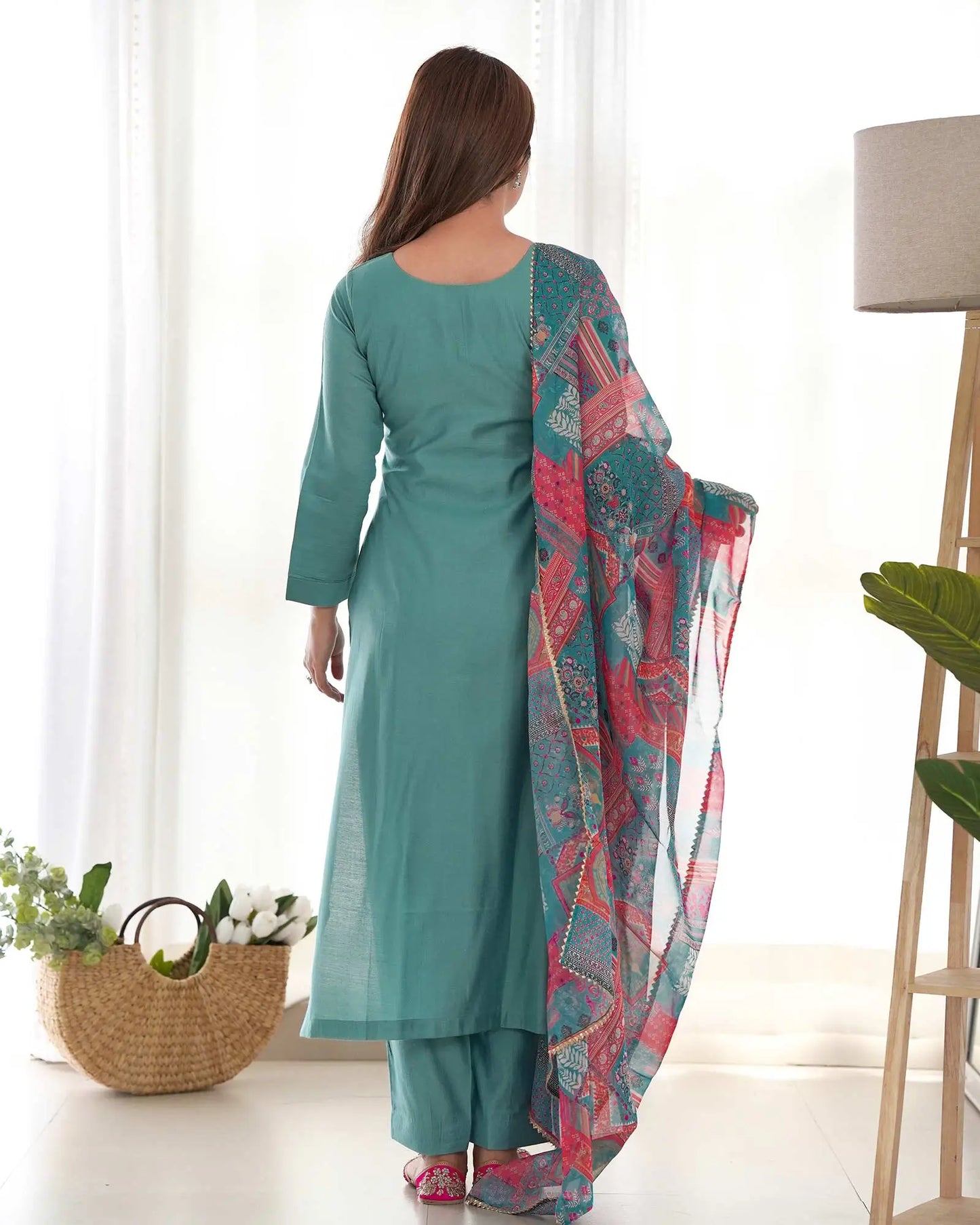 Beetle Blue Viscose Straight Salwar Suit With Multi Floral Print Dupatta