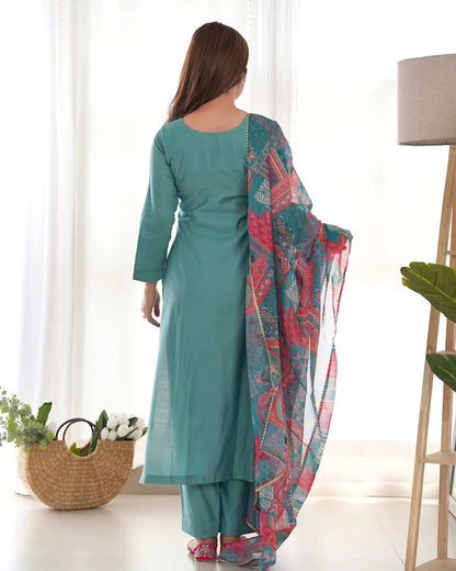 Beetle Blue Viscose Straight Salwar Suit With Multi Floral Print Dupatta