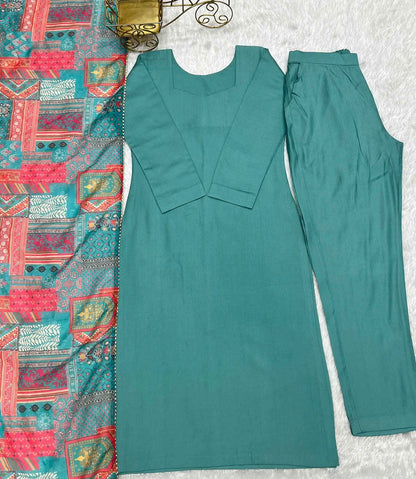 Beetle Blue Viscose Straight Salwar Suit With Multi Floral Print Dupatta