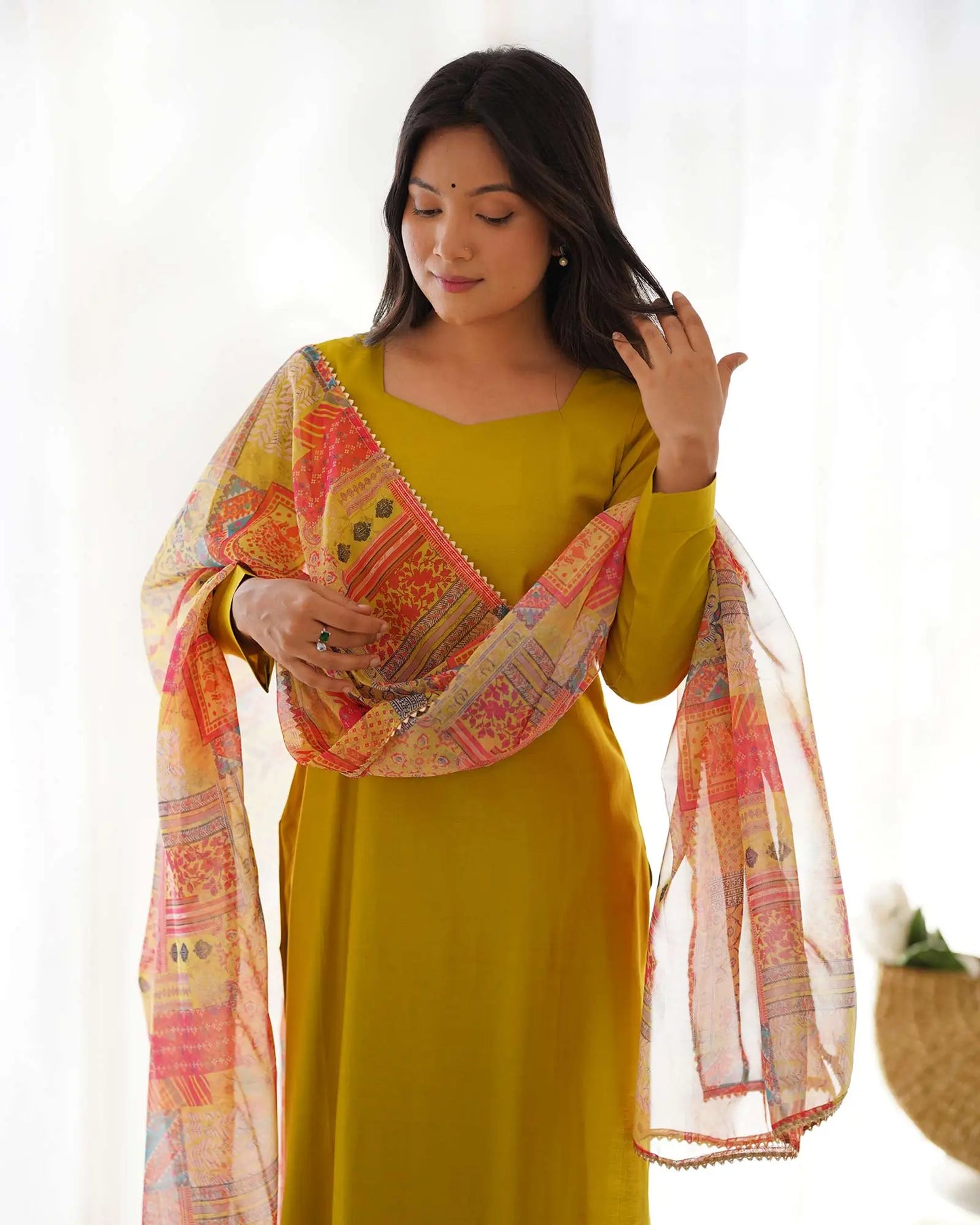 Met Yellow Viscose Straight Salwar Suit With Multi Floral Print Dupatta