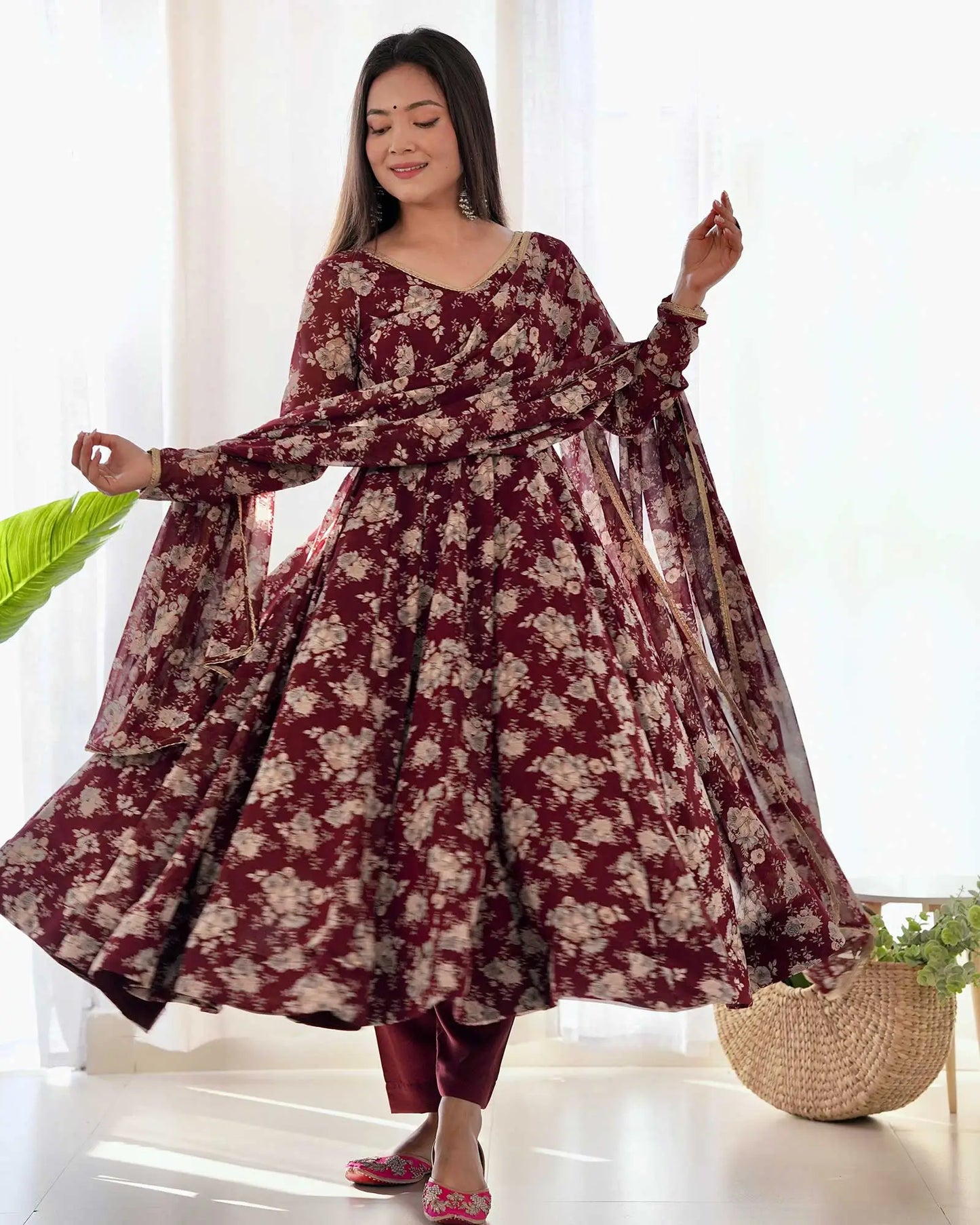 Dark Maroon Georgette Multi Floral Print Anarkali Gown With Dupatta