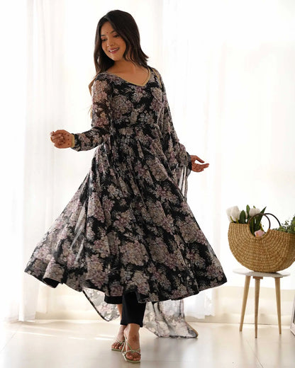 Grey Black Georgette Multi Floral Print Anarkali Gown With Dupatta