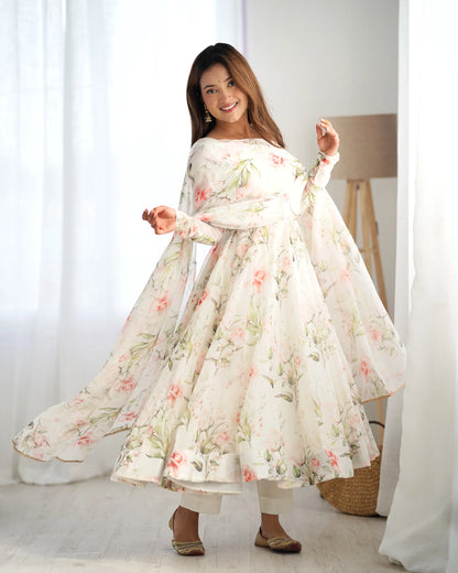 Off White Floral Print Organza Gown For Summer