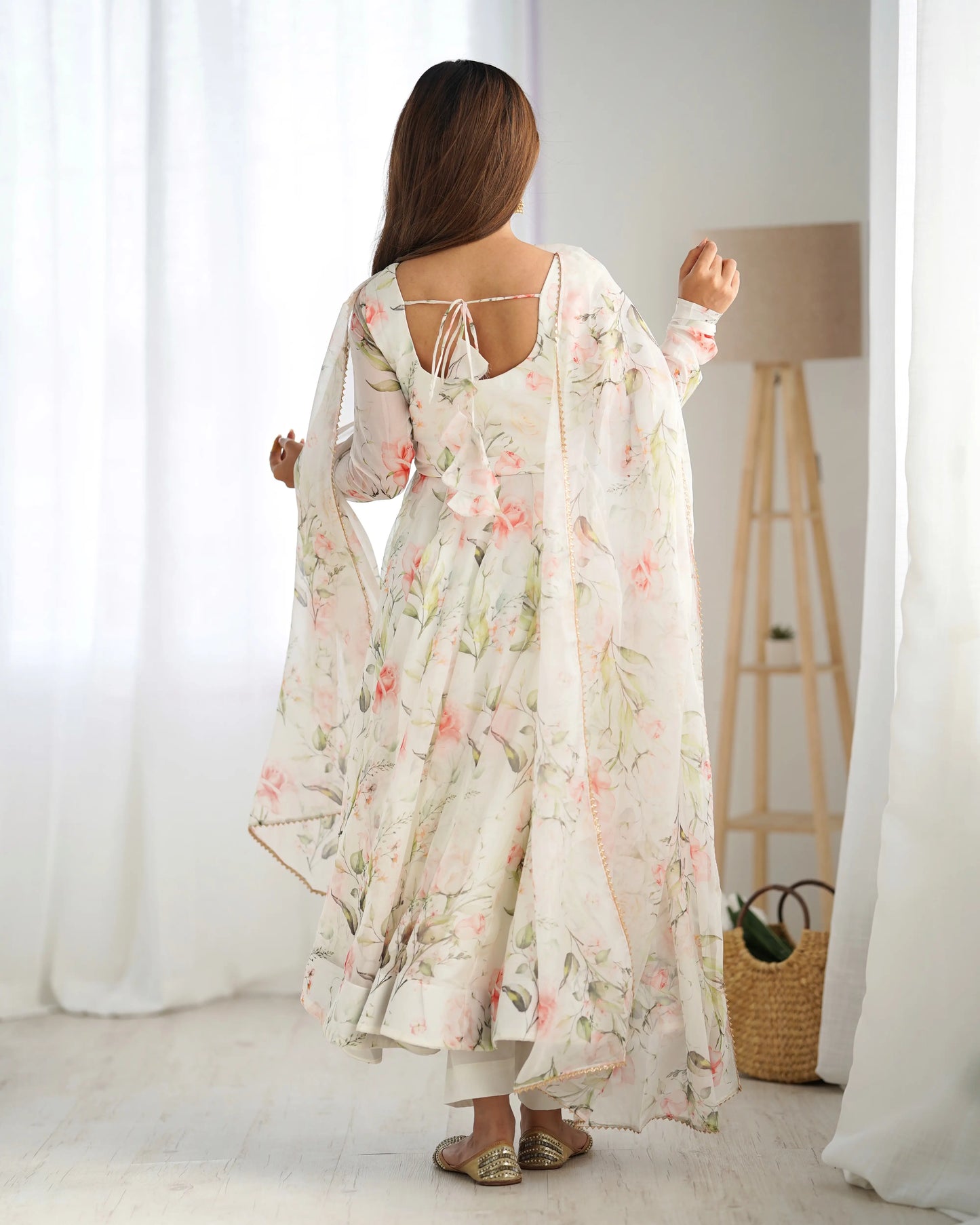 Off White Floral Print Organza Gown For Summer