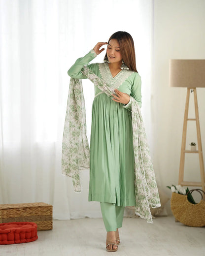 Pista Green Silk Nyra Cut Salwar Suit With Sequins Dori Thread Embroidery Work