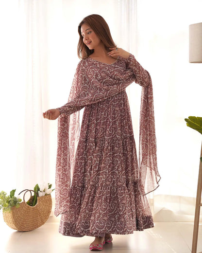 Dark Mauve Georgette Printed Gown With Dupatta