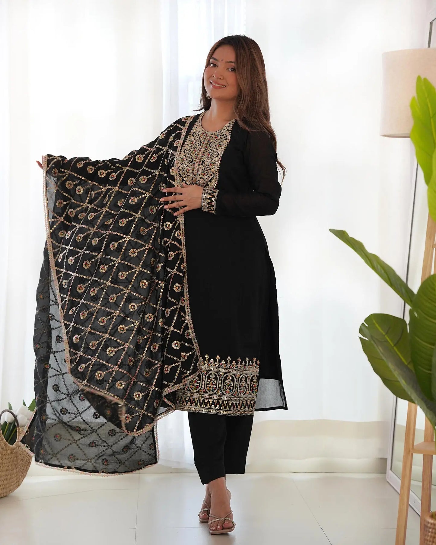 Black Silk Salwar Suit With Dori Sequins Embroidery Work With Heavy Dupatta