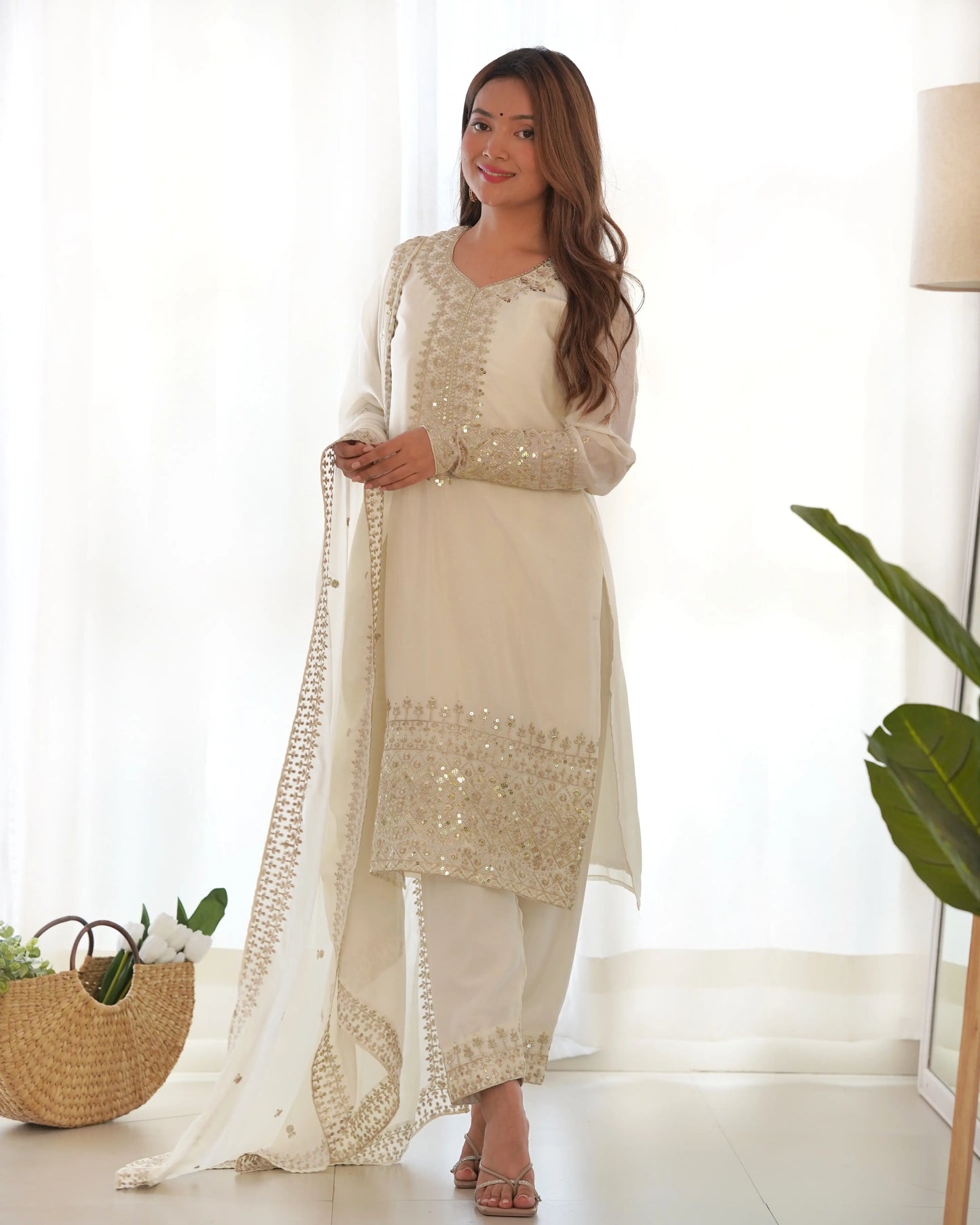 Off White Chinon Silk Straight Salwar Suit With Sequins Embroidery Work