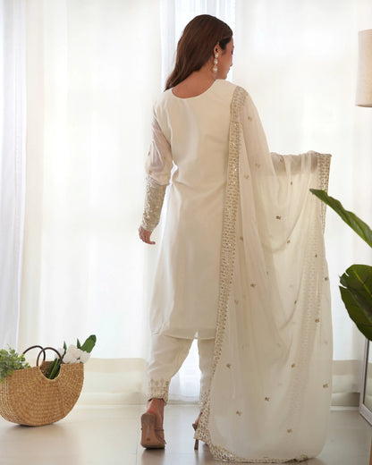 Off White Chinon Silk Straight Salwar Suit With Sequins Embroidery Work
