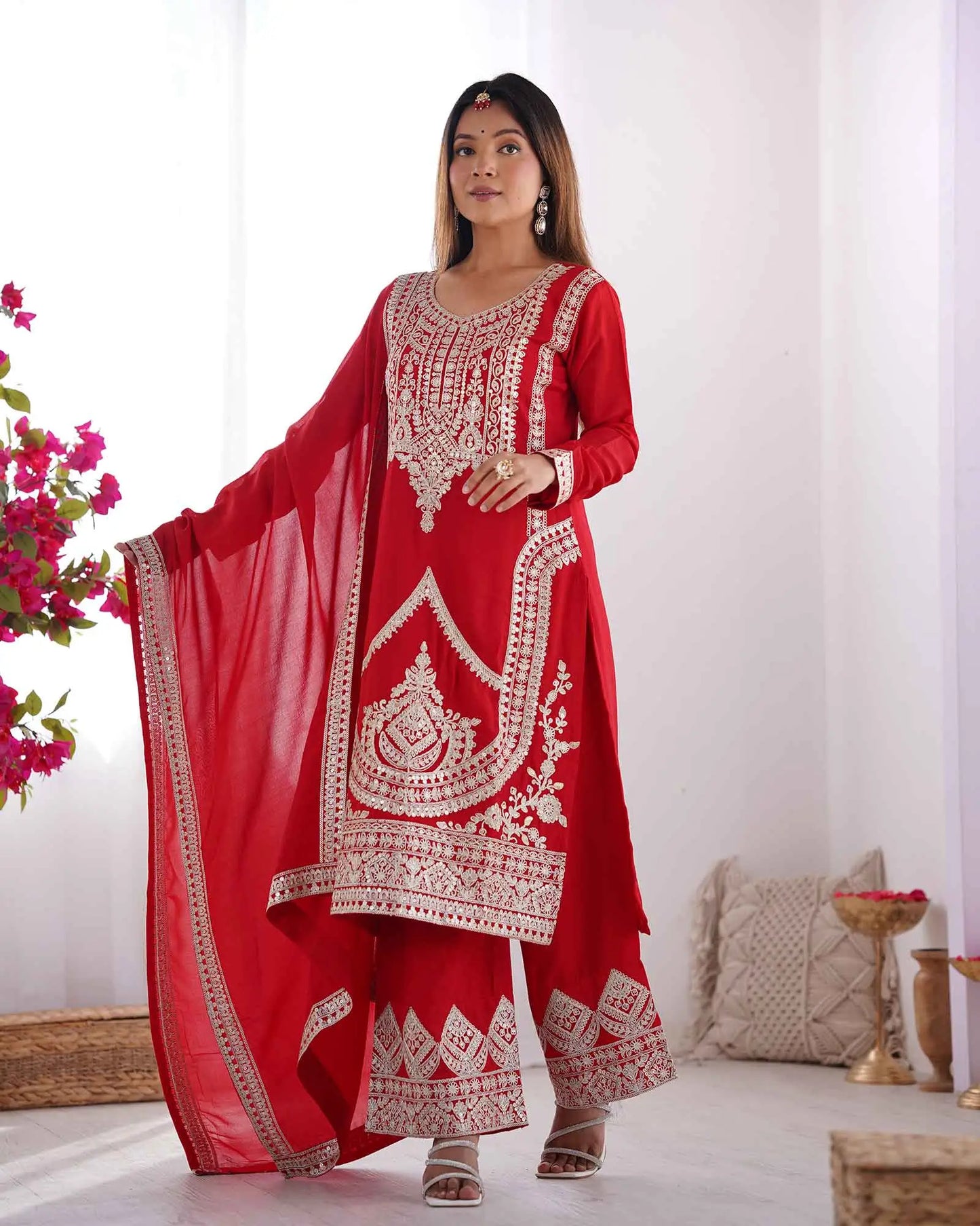 Milano Red Vichitra Silk Salwar Suit With Sequins Embroidery Work With Dupatta