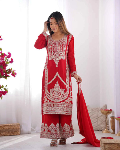 Milano Red Vichitra Silk Salwar Suit With Sequins Embroidery Work With Dupatta