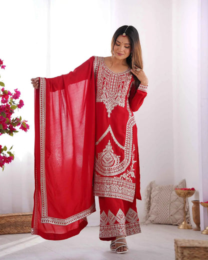 Milano Red Vichitra Silk Salwar Suit With Sequins Embroidery Work With Dupatta