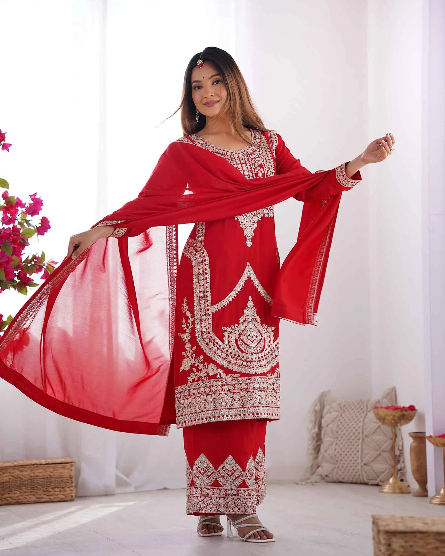 Milano Red Vichitra Silk Salwar Suit With Sequins Embroidery Work With Dupatta