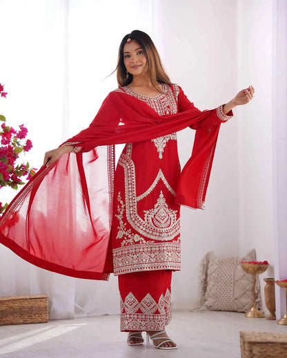 Milano Red Vichitra Silk Salwar Suit With Sequins Embroidery Work With Dupatta